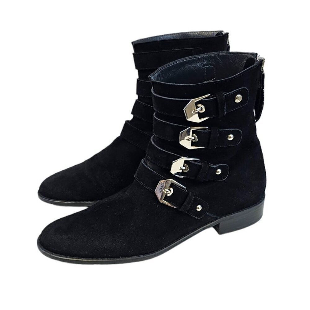 Stuart Weitzman Womens Suede Moto Buckle Booties Size 7 Black